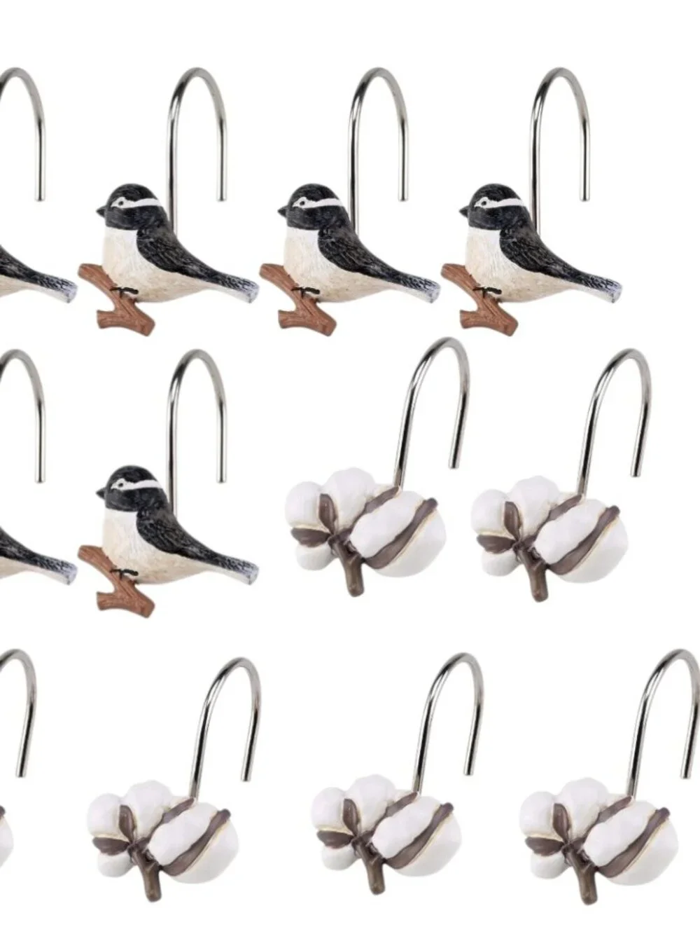 NEW Shower Curtain Hooks Multicolor Chickadee Bird Bathroom Decor Cotton Ball Pl